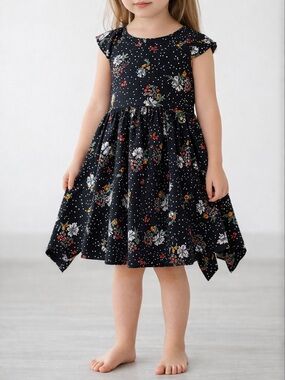 Girls Navy Floral Fit-and-Flare Dress Handkerchief Hem Dress